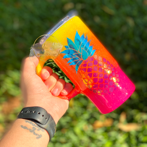 RTS {Yellow Orange Pink Sunset Pineapple} 16 oz Travel Mug Tumbler